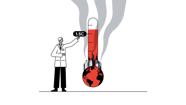 Animated image of a scientist standing beside the earth which has a thermometer coming out from it. The temperature rises in red to above 1.5C and smoke starts showing