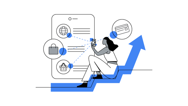 A woman is sitting down on a step, looking at her phone with icons of shopping bags and a credit card, illustrating high value customers’ shopping behaviour. Arrow pointing upwards indicates brands’ ability to engage them for profitable growth.
