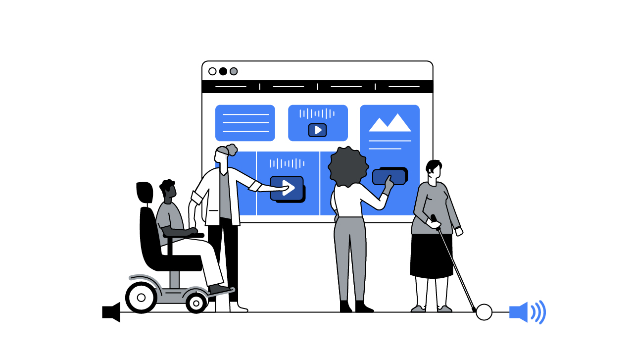 Four people gather on a volume bar in front of a large browser displaying video players. One of the people pushes play for a person using an electric wheelchair. Another person moves up the volume button with their white cane.