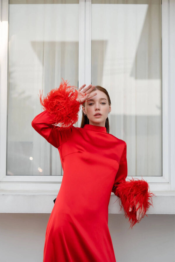 red feathers silk dress