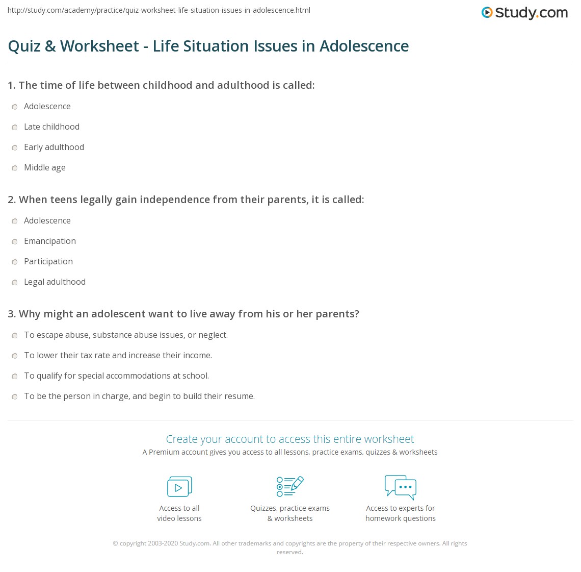 Quiz Worksheet Life Situation Issues In Adolescence Study 