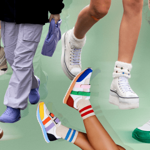 A collage of models wearing summer sneaker trends and standalone on-trend sneakers