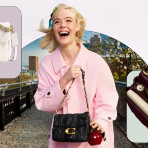 Left to Right: Coach Times Square Tabby Shoulder Bag in Chalk, Elle Fanning holding the Coach Times Square Tabby Shoulder Bag in Black, inside of the Coach Times Square Tabby Shoulder Bag in Merlot.