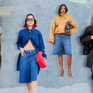 Left to Right: A guest wears brown wide shorts with white belt, white cropped shirts with printed text in red letters, white underwear, beige hat and black long boots outside the Rolf Ekroth show during the Copenhagen Fashion Week (CPHFW) SS25 on August 05, 2024 in Copenhagen, Denmark; A guest wears black sunglasses with orange lenses, bright red floral earrings, dark navy blue denim jean half button long sleeve dress, bright red drawstring bag, a blue ring, light navy blue denim jean jorts, dark brown sandals, outside Forza Collective, during the Copenhagen Fashion Week Spring/Summer 2024-2025 on August 5, 2024 in Copenhagen, Denmark; A guest wears a brown shiny leather jacket with puff sleeves, a burgundy leather bag, blue ripped denim / jeans shorts / jorts, kitten heels shoes, outside Remain, during day two of the Copenhagen Fashion Week (CPHFW) SS25 on August 06, 2024 in Copenhagen, Denmark; A guest wears black sunglasses, black shirt, black tailored blazer jacket, shiny black leather bag, light blue denim jean jorts, outside Joao Maraschin, during the Copenhagen Fashion Week Spring/Summer 2024-2025 on August 6, 2024 in Copenhagen, Denmark.