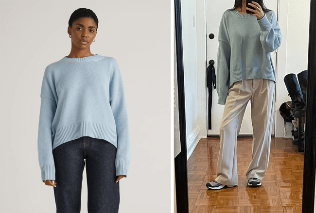 Left: Quince model wearing a light blue boyfriend crew sweater; Right: Katie wearing Quince's boyfriend crew sweater in a light blue color.