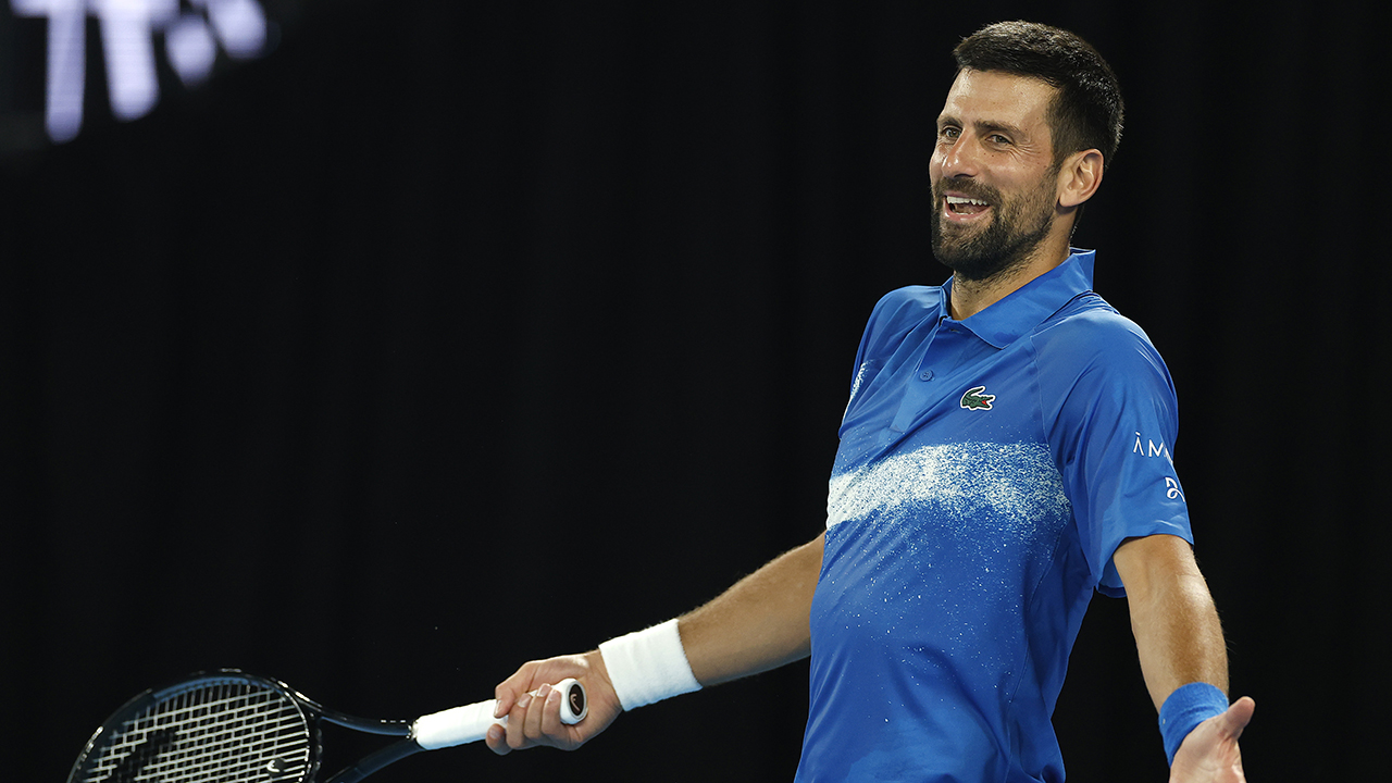 Novak Djokovic of Serbia reacts in his exhibition match against Alexander Zverev of Germany during the Night with Novak charity event ahead of the 2025 Australian Open at Melbourne Park on January 09, 2025 in Melbourne, Australia.