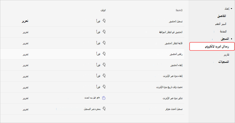 لقطة شاشة لعلامة تبويب الاتصالات في خيارات إعداد ندوة عبر الإنترنت، تعرض رسائل البريد الإلكتروني عبر الإنترنت