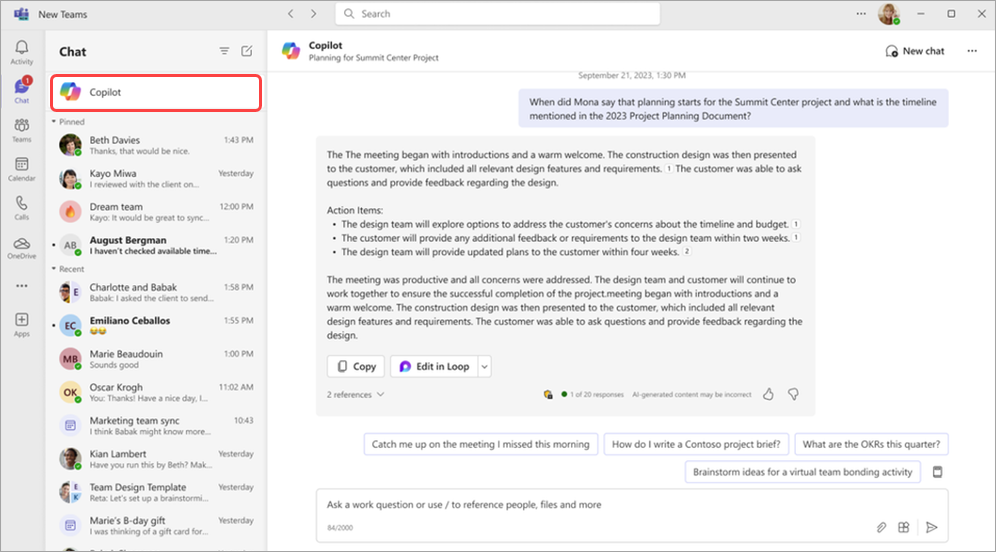 Екранна снимка, показваща приложението Copilot по-горе за чат в Microsoft Teams