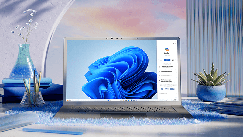 Компютър с Windows 11, с отворено меню за Copilot.
