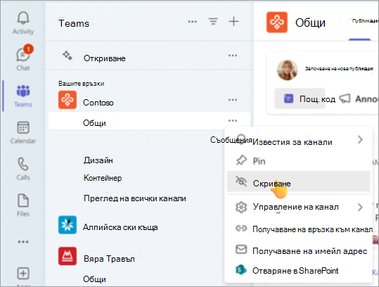 Скрийте общия канал във вашия екип.