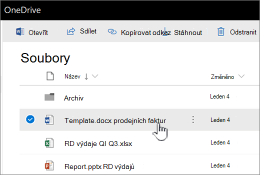 OneDrive s vybraným souborem