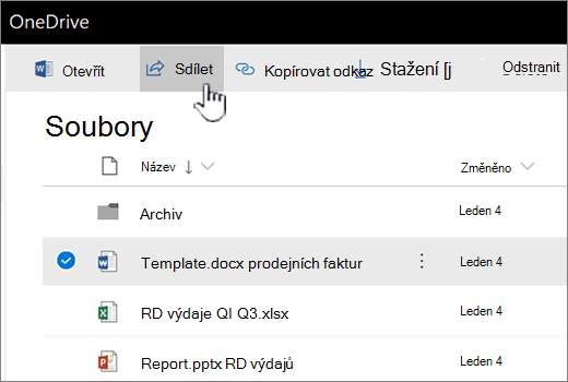 OneDrive s vybraným souborem a přidaným tlačítkem sdílet