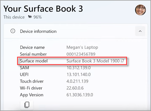 Find modelnavnet på din Surface-enhed i Surface-appen.