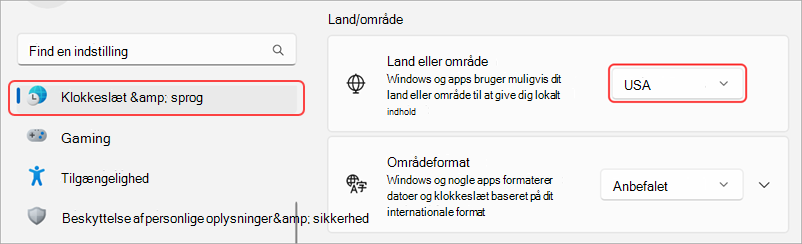 Internationale indstillinger på en Windows-enhed.