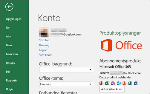 Den Microsoft-konto, der er knyttet til Office, vises i vinduet Konto i et Office-program