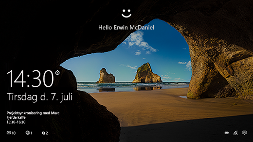 Startskærm med Windows Hello hilsen