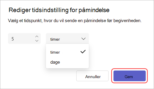 Skærmbillede af editor til afsendelse af påmindelse via mail i Teams