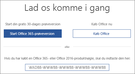 Der vises skærmbilledet "Lad os komme i gang", der angiver, at en Office 365-prøveversion følger med denne enhed