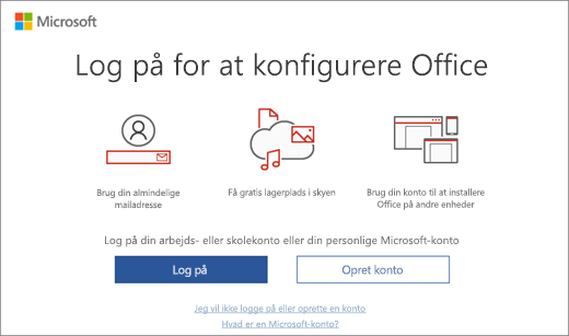 Viser siden "Log på for at konfigurere Office", som evt. vises, når du har installeret Office