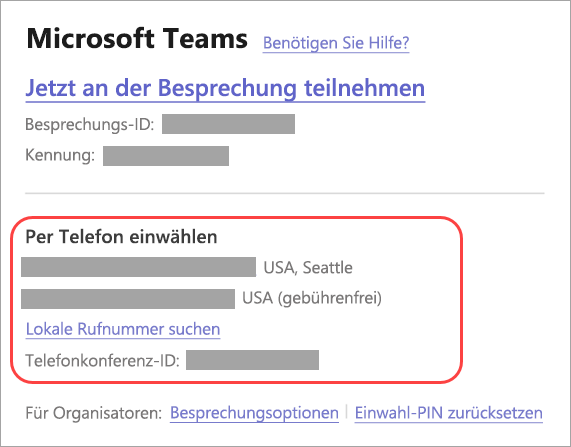 Screenshot, der zeigt, wo Sie sich in eine Teams-Besprechung einwählen können.