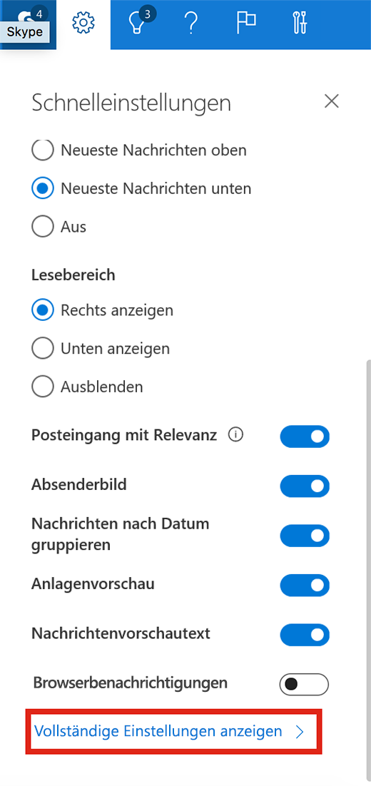 Screenshot mit Option zum Anzeigen der vollständigen Einstellungen