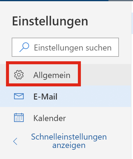 Screenshot mit Option zum Auswählen von "Allgemein"