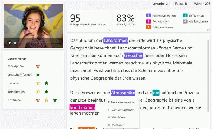 Eine lächelnde weiße Schülerin mit rosa Kopfhörern ist im Videobild neben der gelesenen Passage abgebildet. Die Passage ist mit farblich gekennzeichneten Fehlern versehen.