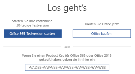 Zeigt den Bildschirm "Fangen wir an!" an, der angibt, dass dieses Gerät eine Office 365-Testversion enthält