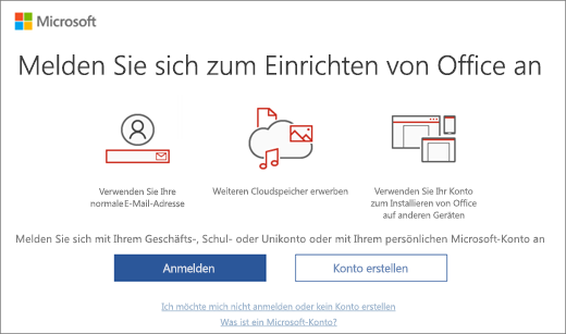 Zeigt die Seite "Anmelden zum Einrichten von Office" an, die möglicherweise nach der Installation von Office angezeigt wird.