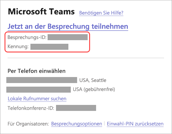 Screenshot, der zeigt, wo die Besprechungs-ID und die Kennung für die Besprechungseinladung zu finden sind.