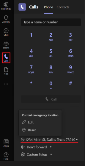Image showing the Teams dial pad with Calls boxed in red.