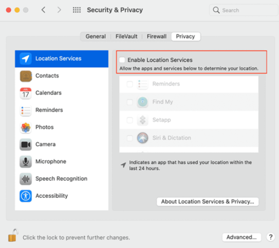 Image showing the Security and privacy window with enable location services called out.