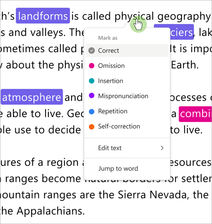 Screenshot of the dropdown that categorizes errors, you can mark errors as correct, omission, insertion, mispronunciation, repetition, or self-correction.