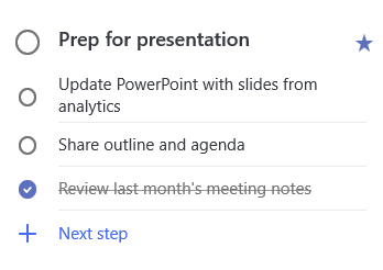 Detail view of task Prep for presentation with three steps: Update PowerPoint with slides from analytics, Share outline and agenda and Review last month's meeting notes, which is completed