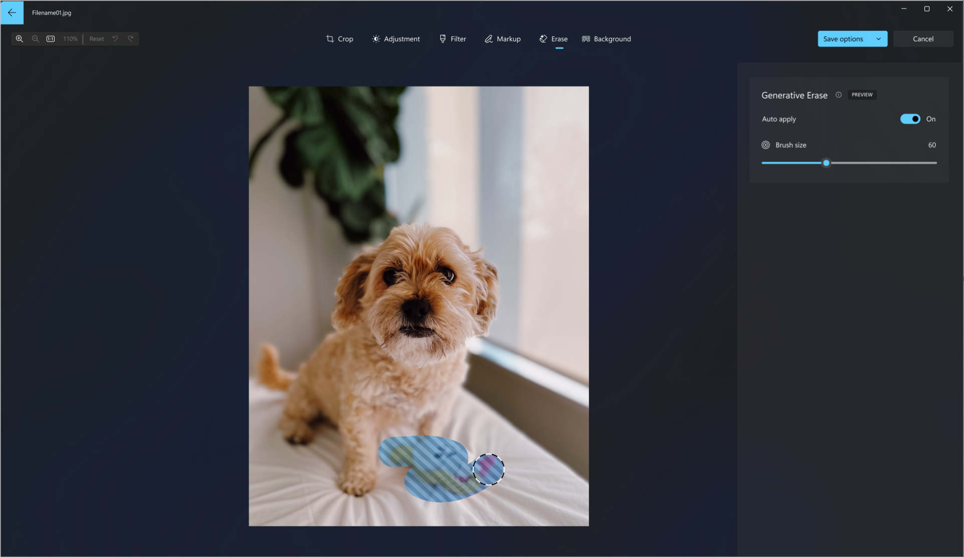 Screenshot of the generative erase tool being used on a photo of a dog to erase the dog toy from the picture.