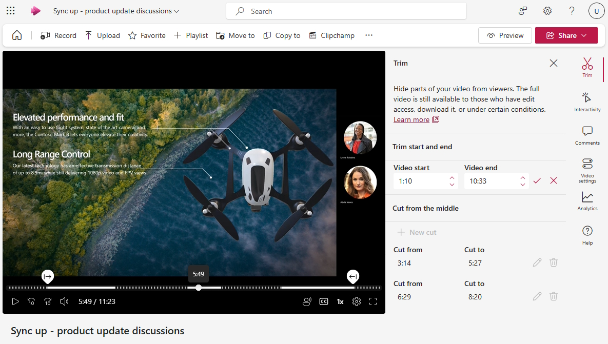 The Microsoft Stream player page with the trim panel open. The video has been trimmed giving it a new start and end time as well as two cuts being made from the middle of the video.