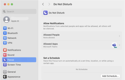 Microsoft Teams is selected as an Allowed App under Focus settings for a Mac.