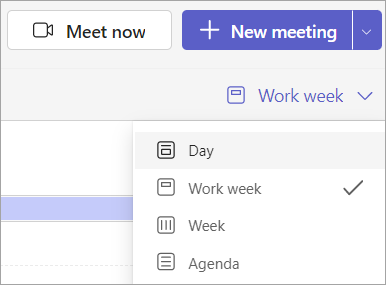 Screenshot of dropdown menu showing different calendar views in Teams.