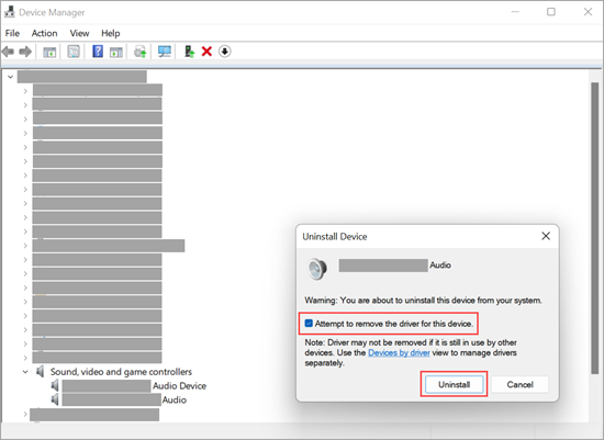 Uninstall an audio device in Device Manager in Windows 11.
