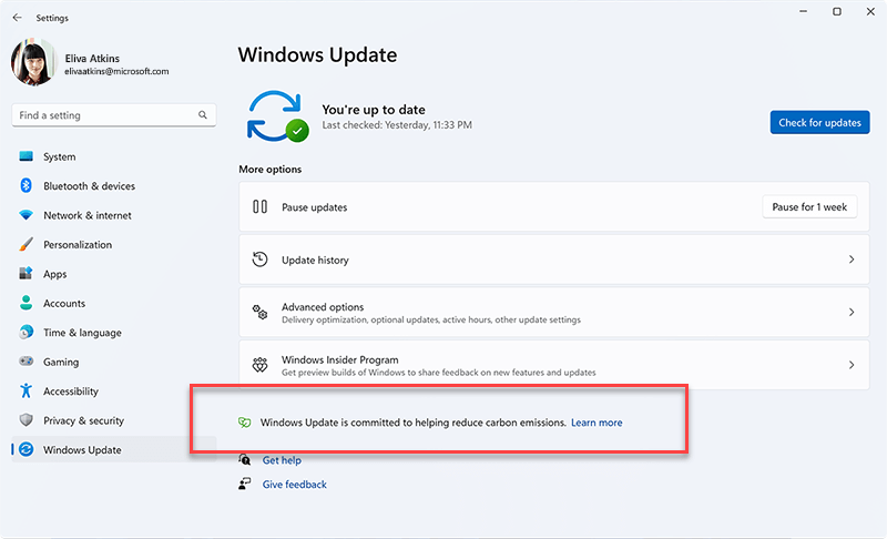 Message shown in Windows Update when prioritizing installing updates in the background when doing so might result in lower carbon emissions because a higher proportion of electricity is coming from lower-carbon sources on the electric grid.