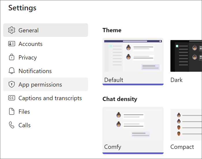 Screenshot of Teams settings from a student profile. App Permissions is highlighted.