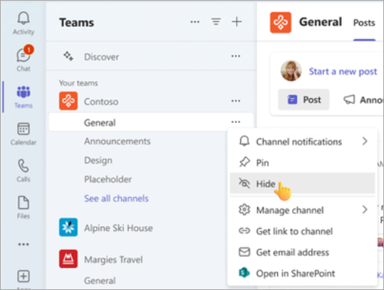 Hide the general channel in your team.