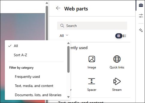 Filtering the web parts in the level 2 of the toolbox