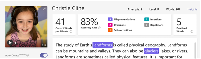 Screenshot of review pane of reading progress. Several words in the passage are highlighted in teal pink and orange indicating an error category, collected data is visible above the passage