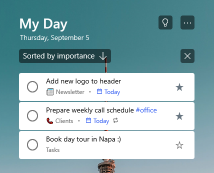 My Day list sorted by importance with two starred tasks at the top of the list