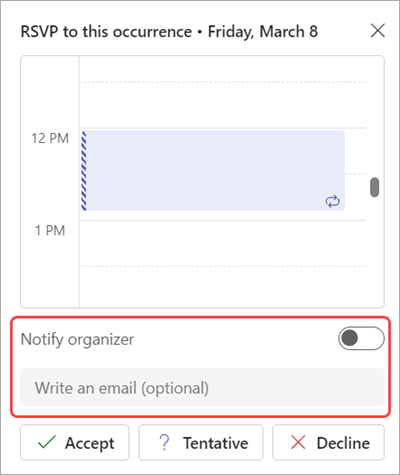 RSVP window highlighting Notify organizer toggle.