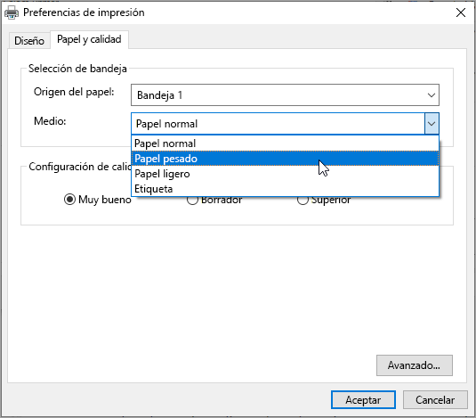 Preferencias de cuadro de diálogo de impresión del sistema de Windows