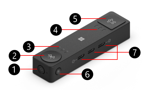 Concentrador adaptable de Microsoft con números para identificar las características físicas, empezando por el botón de inicio/apagado.