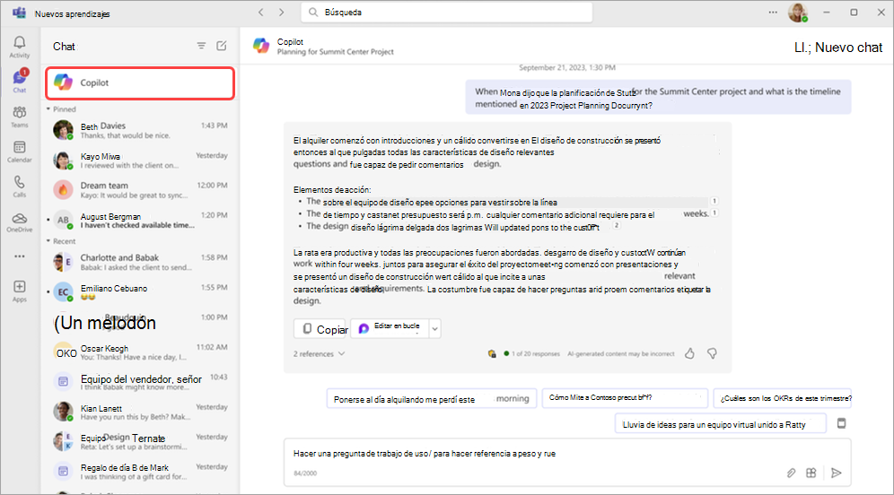 Recorte de pantalla que resalta la aplicación Copilot encima del chat en Microsoft Teams