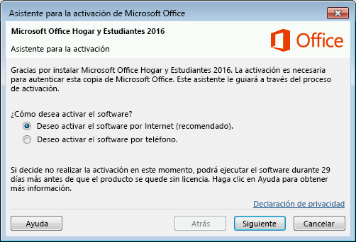 Muestra el Asistente para la activación de Microsoft Office